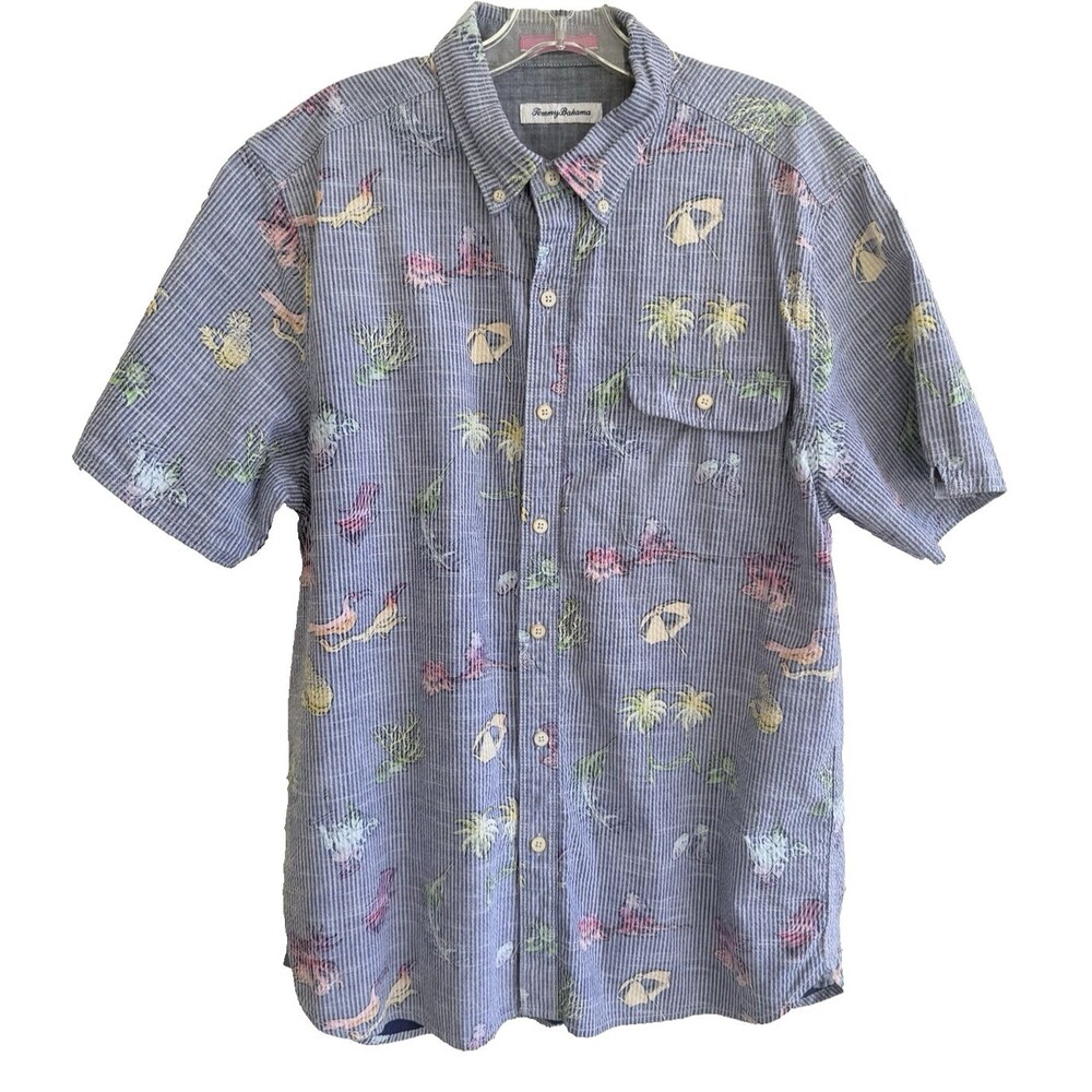 TOMMY BAHAMA Camp Shirt Blue Seersucker Tropical Hawaiian Aloha Print Size M